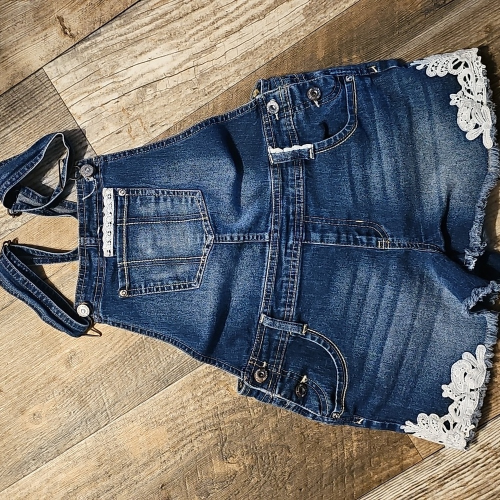 Girls Sz 14-16 Dark Blue Kids Overalls with White Lace Embellishments